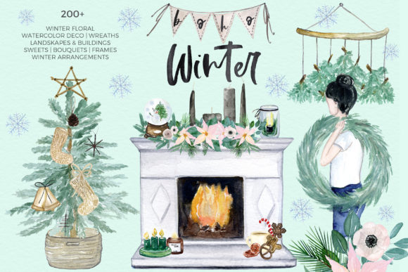 Boho Winter Christmas Watercolors Illustrations