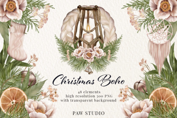 Christmas Boho Clipart Winter Holidays Illustrations
