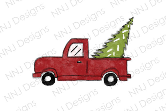 Christmas Truck with Tree PNG Watercolor