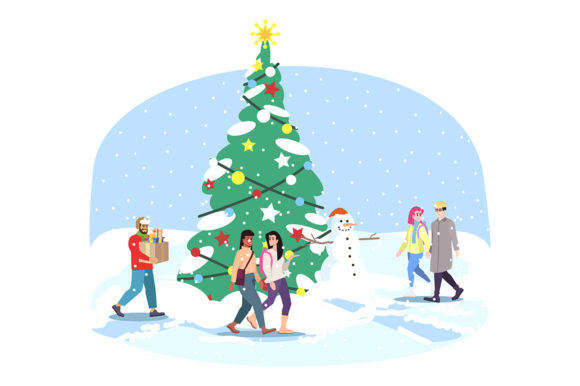 City Christmas Tree Flat Illustration