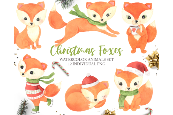 Watercolor Christmas Foxes Illustrations