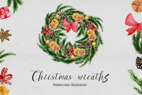 Watercolor Festive Set Christmas Wreaths Illustrations